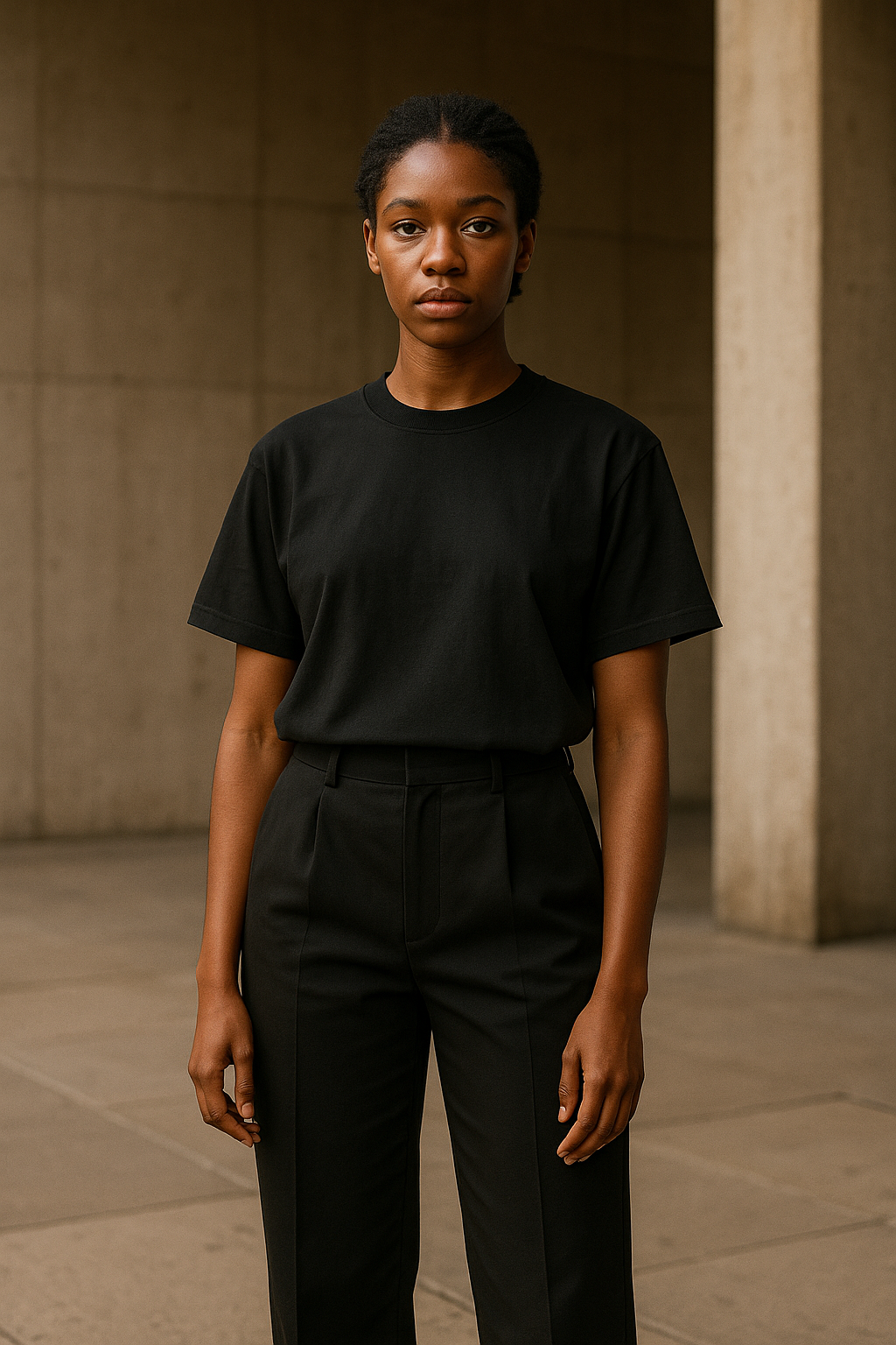 Female model wearing the tee, front view