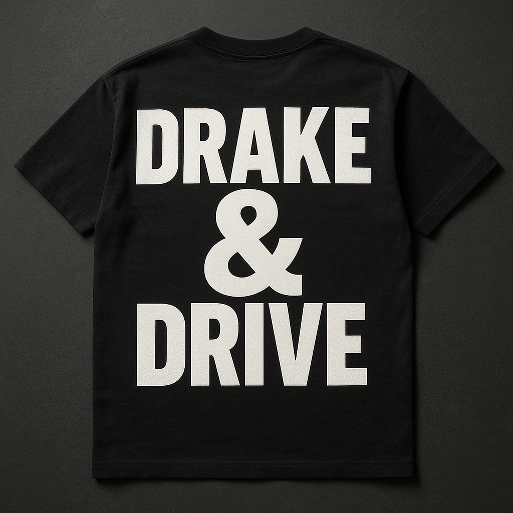 Drake & Drive tee, back view with print